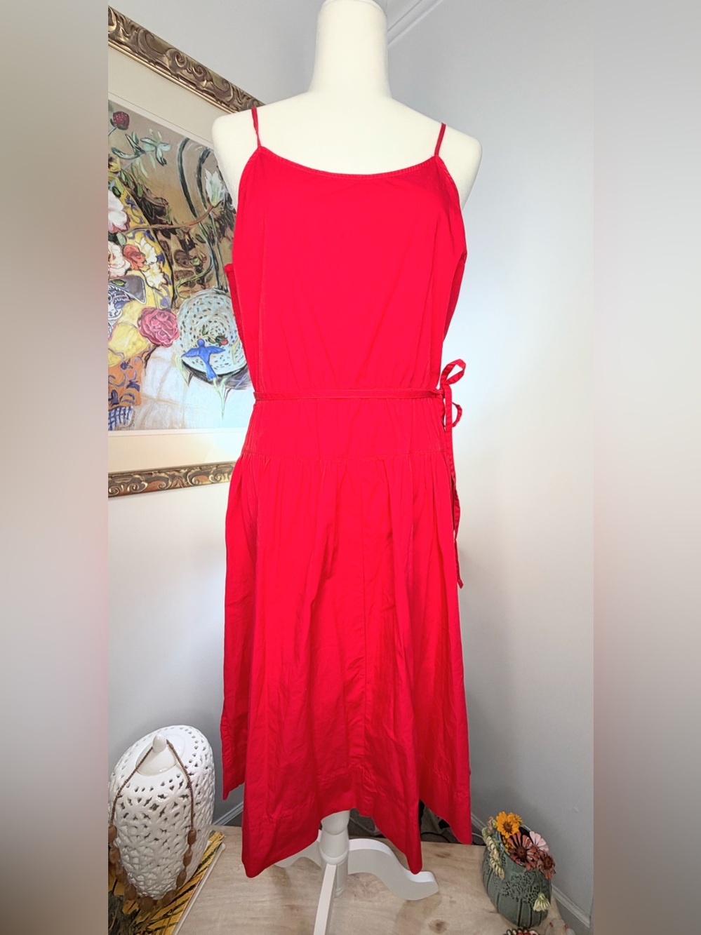 Free Assembly Womens M Red Cotton Midi Dress Smocked Tie Waist Tiered Cami